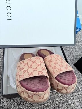 Gucci Pink Monogram Platform Slide Sandals